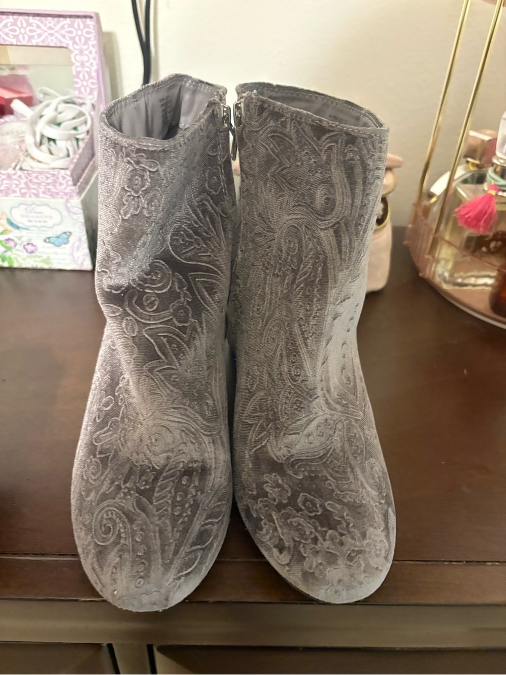 Women's Gray Paisley Velvet Ankle Boots - Unbranded